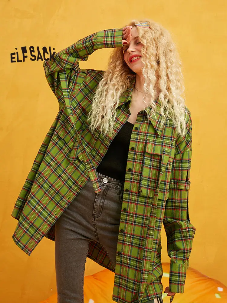 ELFSACK Клетчатая блуза с графикой на спине женская рубашка осень 2019 однобортный
