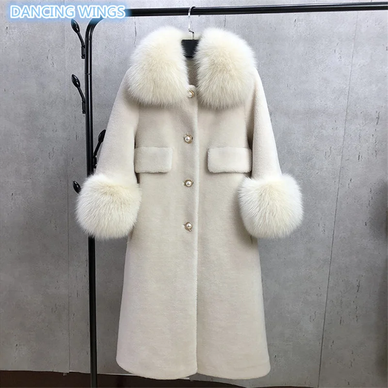 Enlarge Real Fur Coat Sheep Shearling Fur Winter Jacket Women Fox Fur Collar Cuffs Real Sheep Lamb Fur Coats