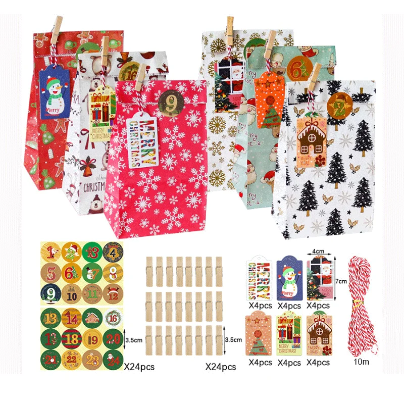 JOYBOS Navidad llegada 24-pieza bolsa de regalo para caramelos bolsa Kraft bolsa embalaje de papel calcoman&iacute;a Merry Christmas con Clip bolsa de regalo de chocolates-0