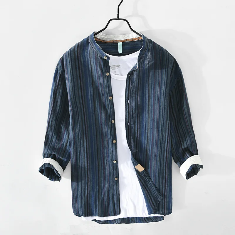 

Autumn New Blue Striped Shirt for Men Pure Linen Fashion Soft Three Quarter Shirts Man High Quality Casual Vintage Tops