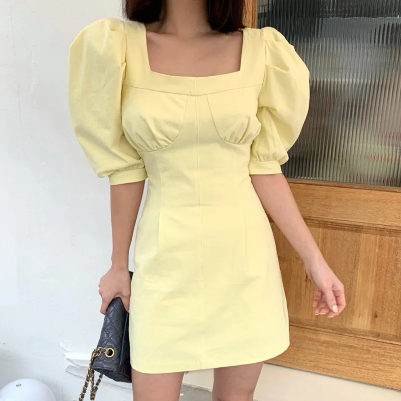

Korean Chic Dress French Style Collar with Exposed Collarbone Thin, Bubble Sleeve, Small, Buttock Wrapped Dress
