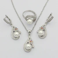 flower cubic zirconia white pearl 925 silver jewelry sets for women wedding earrings with stone pendant pearls necklace set