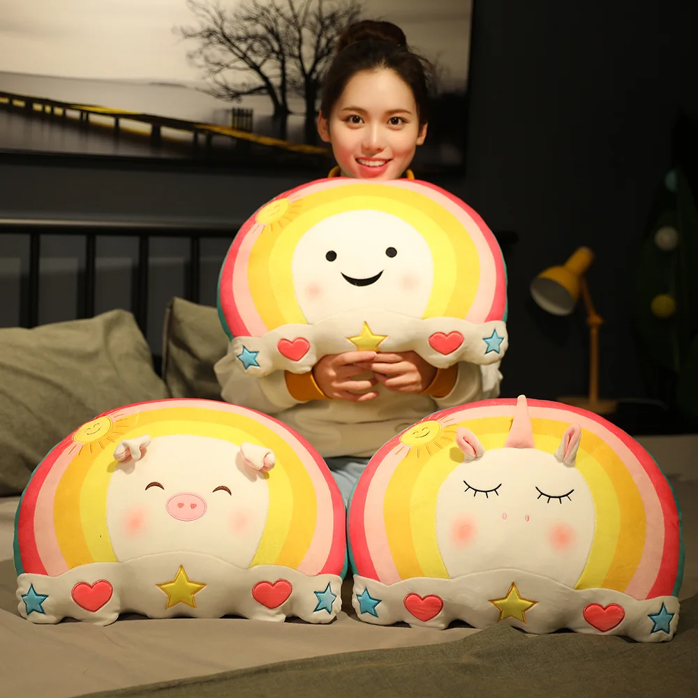 

New Kawaii Rainbow Unicorn Rabbit Pig Plush Pillow Toy Soft Cartoon Animal Smile Face Stuffed Doll Bed Sleeping Pillow Cushion