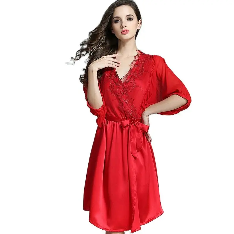 100% Шелковый женский спальный халат ночная рубашка комплект из двух предметов