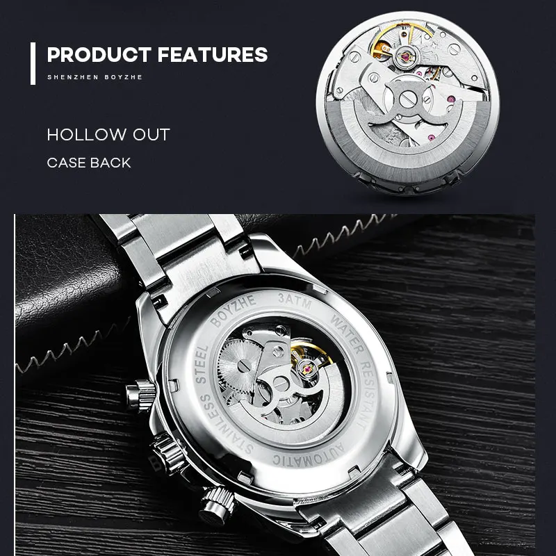 BOYZHE новые автоматические механические часы мужские Tourbillon часы Мужские 316 стальные часы 30 м водонепроницаемые спортивные часы светящиеся