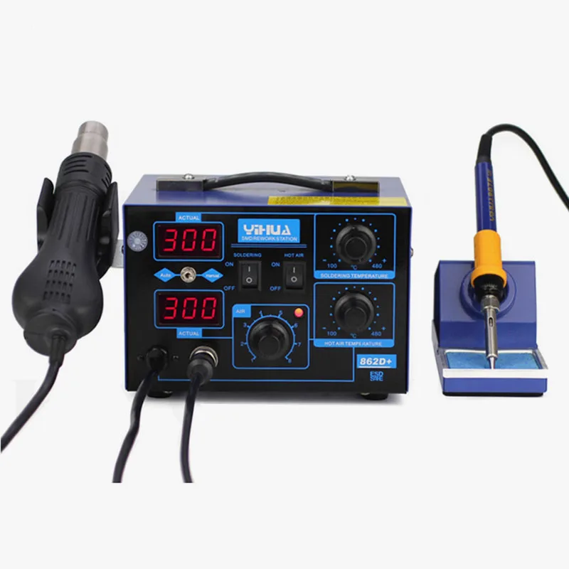 Паяльная станция YIHUA 862D-plus 220 В светодиодный дисплей 2 в 1 SMD SMT ESD паяльная с горячим