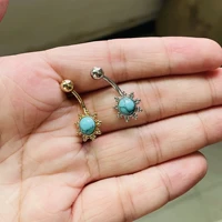 2 pcs stainless steel sun flower belly button rings artificial turquoise navel ring body piercing jewelry for women