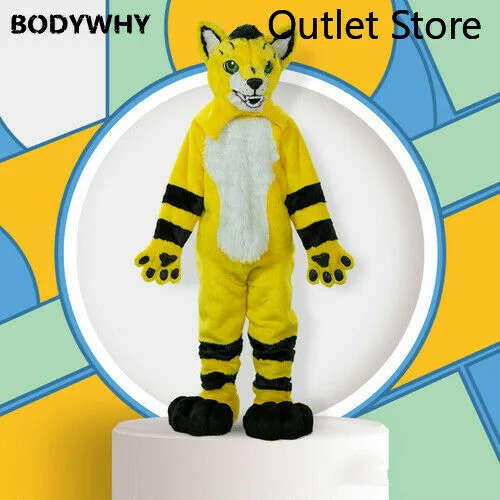 

Yellow Long Fur Furry Fox Wolf Husky Dog Mascot Costume Fursuit Adult Cartoon Character Beauty Parlor THEME PARK