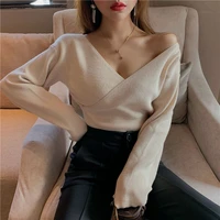 2021 fashion sexy cross v neck womens sweaters autumn winter bottoming slim female jumper casual solid beige grey tops