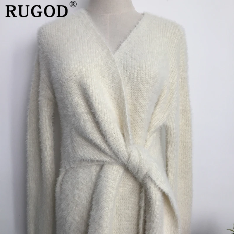 RUGOD Новое корейское кашемировое платье-свитер с поясом женское модное офисное вязаное платье с v-образным вырезом зимнее теплое плотное платье