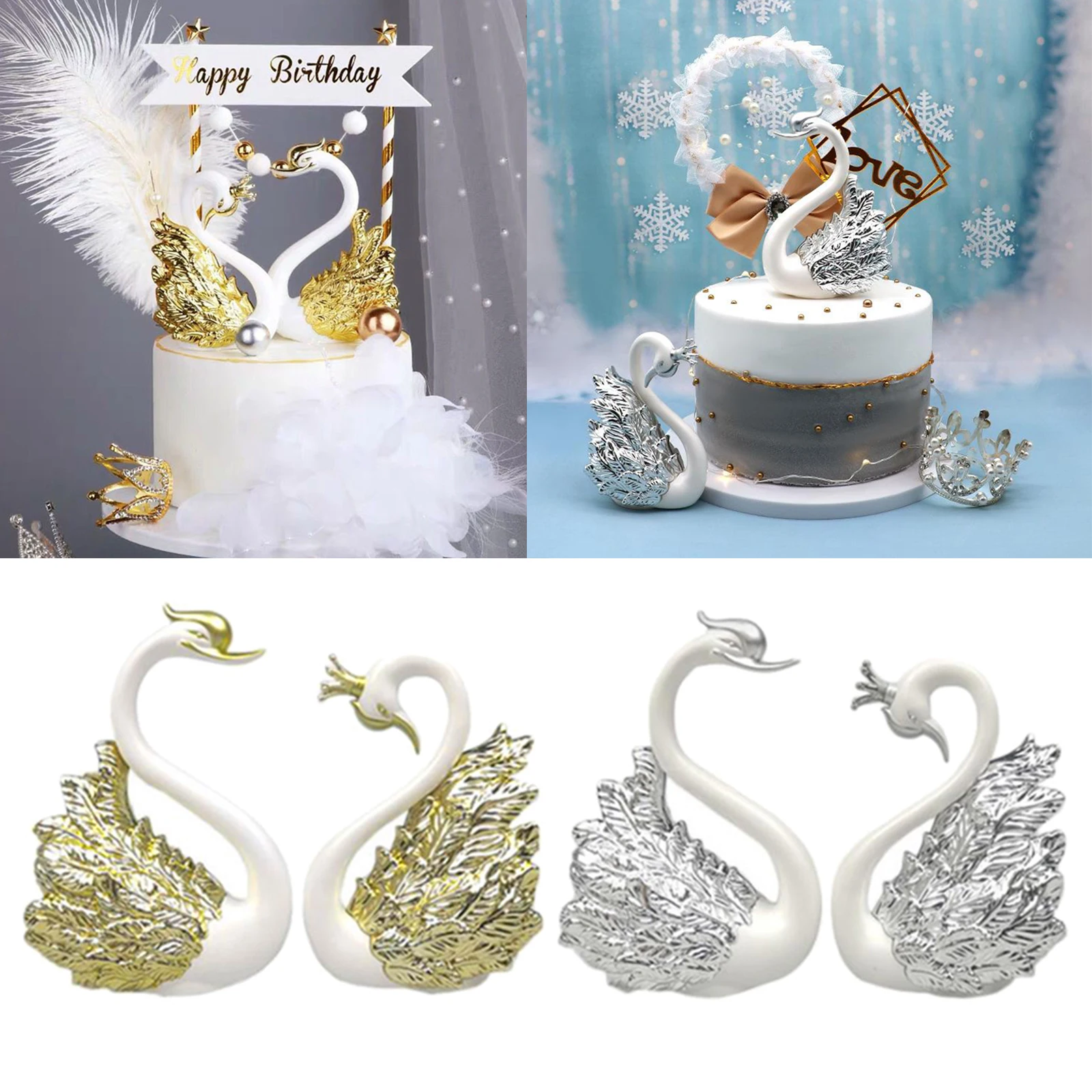 

2 Pcs Romantic Crown Swan Cake Topper Flamingo Cake Dessert Baking Decorative Ornament Birthday Wedding Cake Decoration Supplies