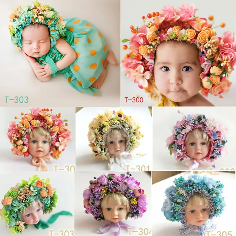 Newborn Photography Props Baby Flowers Handmade Colorful Bonnet Hat Infant Studio Shooting Photo Props Posing Accessories