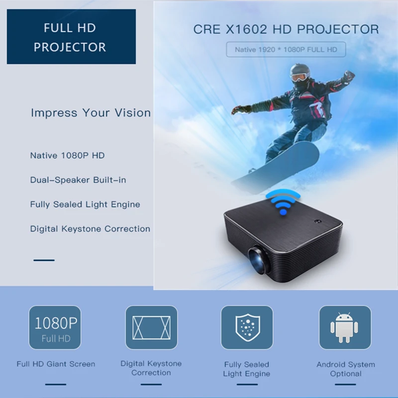 CRE X1602 Full HD 1080P проектор 3600 люмен кинотеатр Android WiFi USB 4k Поддержка smart FHD