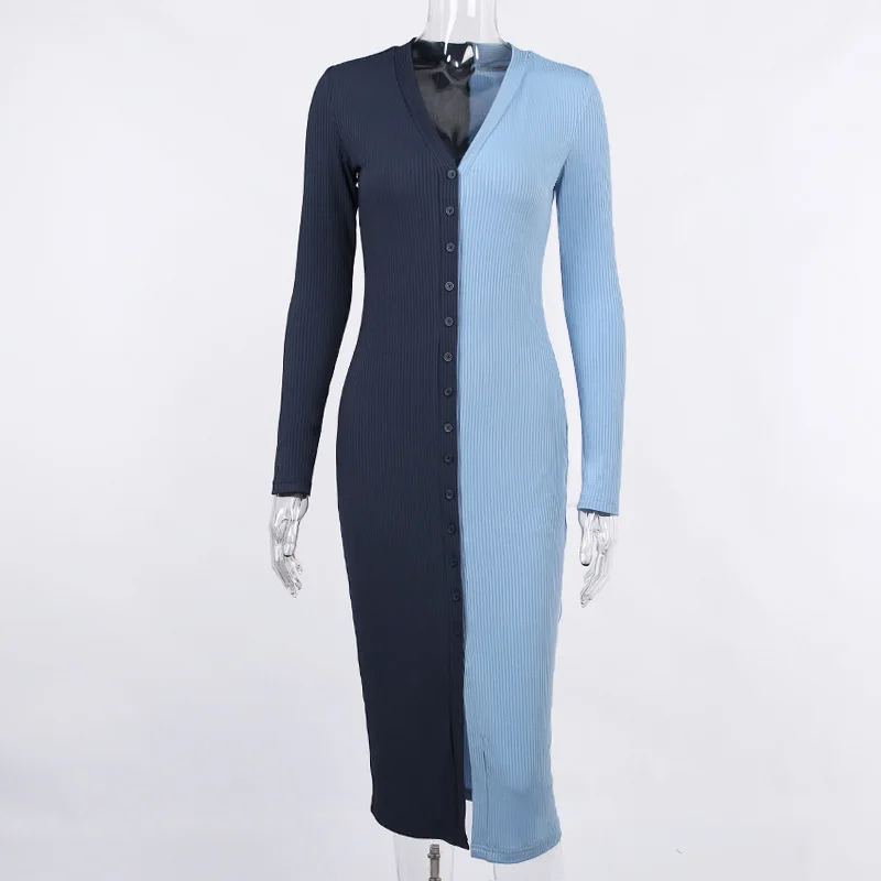 

New Knitted Bodycon Dress Buttons Casual Fashion Streetwear Women Autumn Y2K Color Matching V-neck Long Sleeve Long Dresses