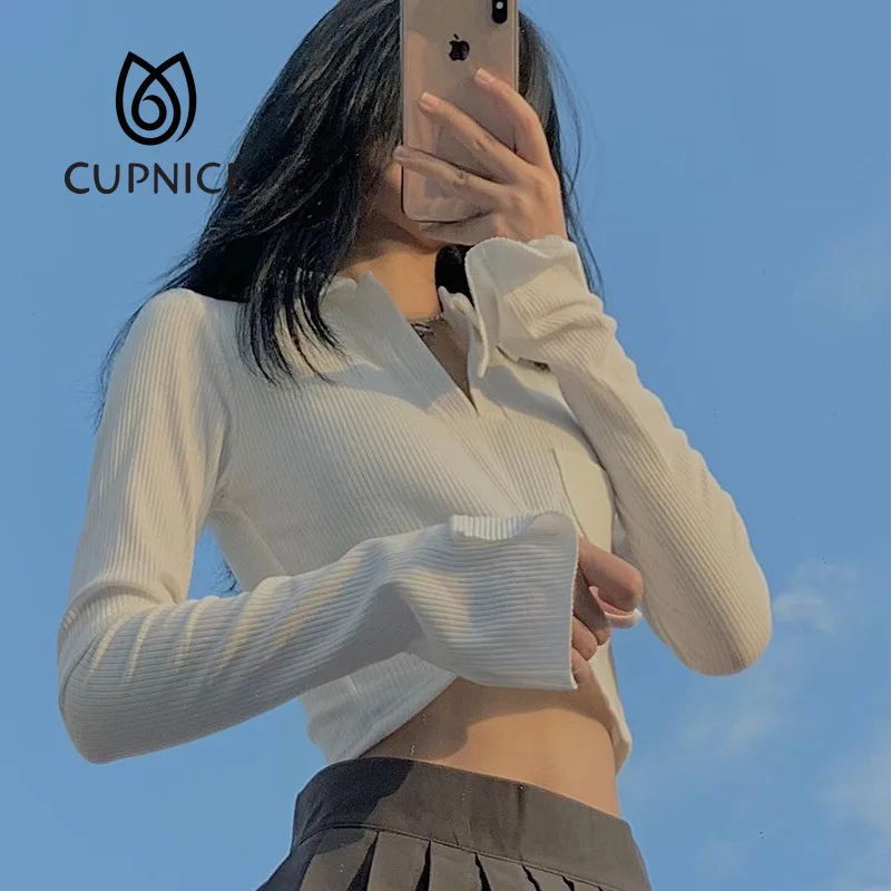 

Новинка, Милая женская рубашка CUPNICE с лацканами, пуловер, облегающая женская рубашка с длинными рукавами на весну и осень, эластичная рубашк...