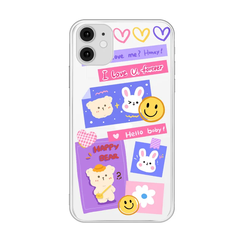 

Letter stickers smile bear Bunny couple Phone case For iPhone 12 11 Pro Max XS max XR X 6 s 7 8 Plus 7Plus case Cute clear cover