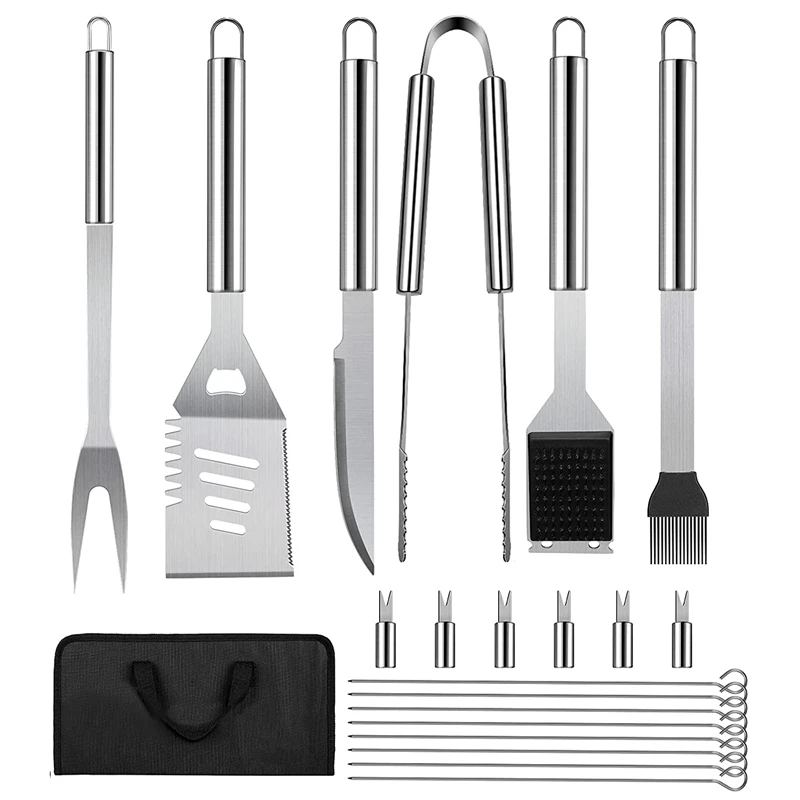 

21Pcs BBQ Grill Set With 4-In-1 Spatula, Stainless-Steel Skewers, Steel Wire Cleaning Brush, Grilling Tongs, Corn Holder