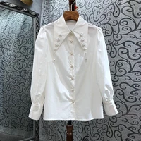 2021 new women fashion lantern short sleeved casual solid color retro pointed collar top