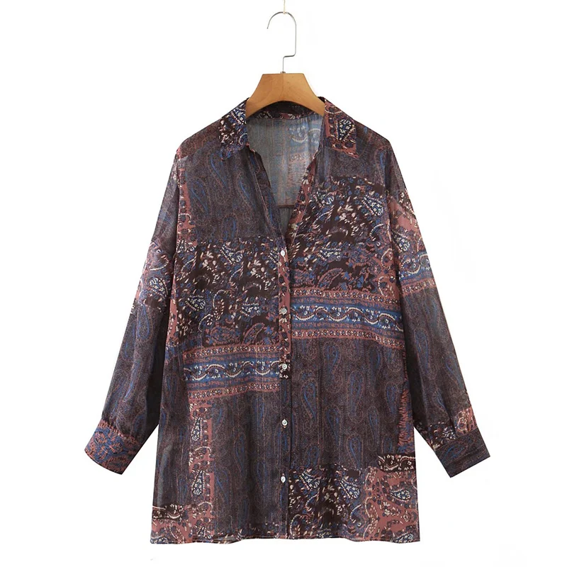 

ZXQJ Women Print Satin Shirt 2021 Autumn Fashion Ladies Boho Breasted Straight Blouse Streetwear Female Chic Loose Shirts