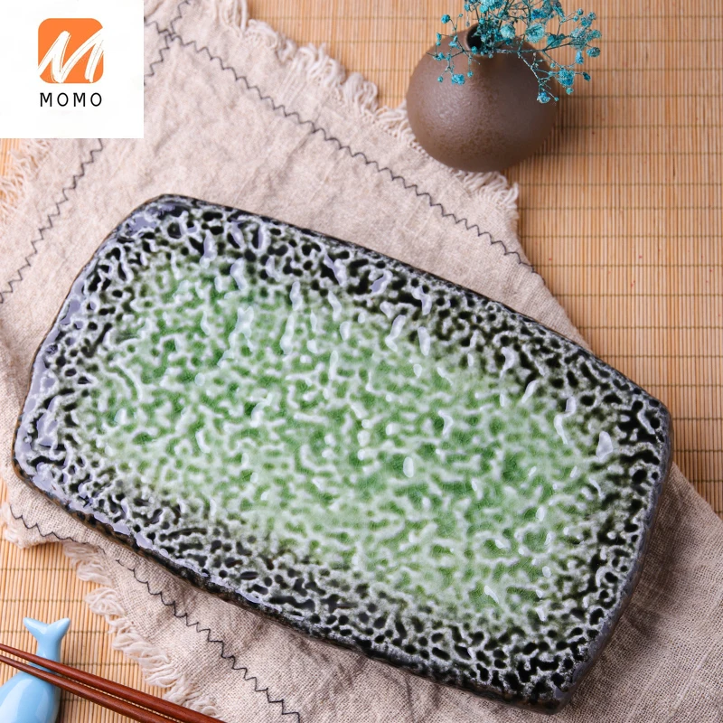 

Creative Cooking Cutlery Glass Glaze Ceramic Barbecue Plate Export Rectangular Plate Dish Retro Hotel Sushi Plate