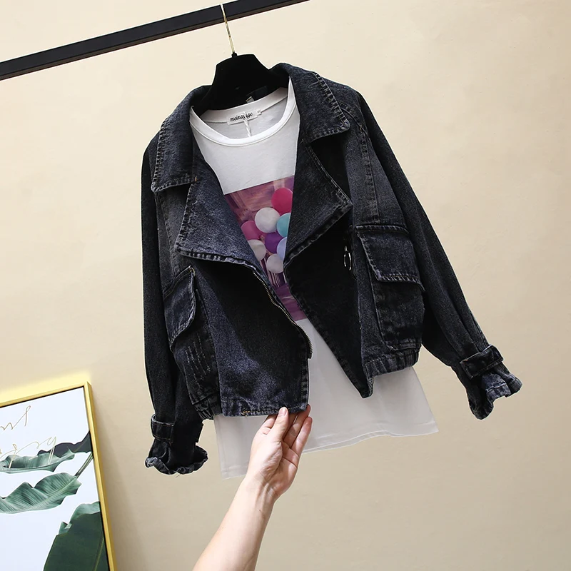 

Autumn New Fashion Denim Jacket Women Long sleeve Elastic Waist Jeans Jacket Coat Female Loose Blue Black Outerwear Streetwear