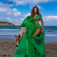 verngo 2021 bright green long evening dresses for women high side slit beach party gowns beads v neck chiffonsatin prom dress