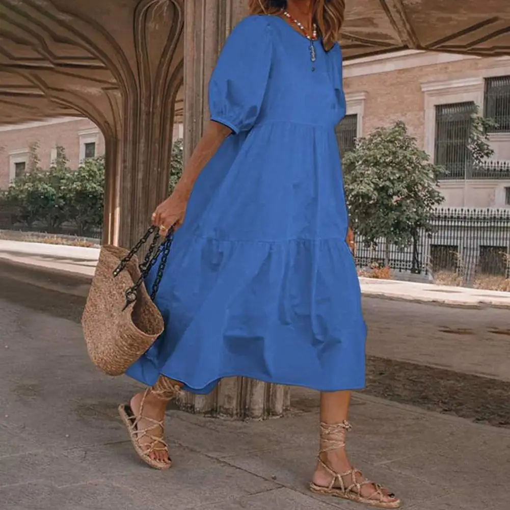 

80% Hot Sales!!! Women Dress Short Sleeve Large Hem Cotton-flax Solid Color O Neck Loose Midi Dress for Summer