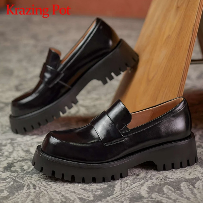 

Krazing Pot british school full grain leather all-match concise round toe thick med heel slip on pretty girls women pumps L1f5