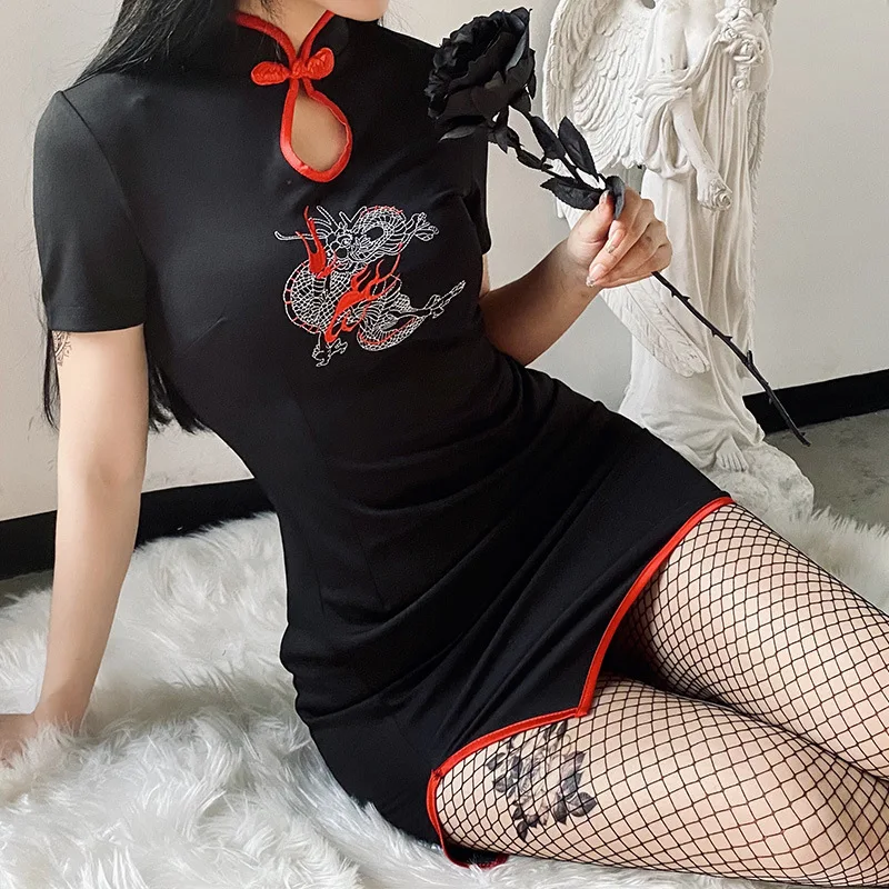 Тёмно-черное ретро-платье Чонсам с вышивкой дракона в стиле Харадзюку