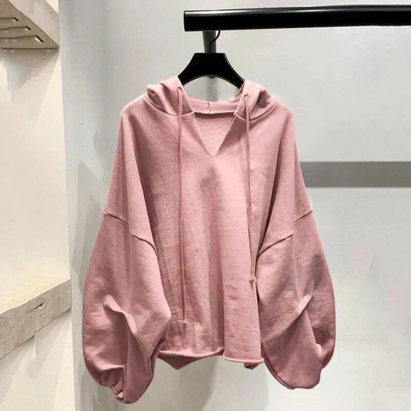 

Cotton Hoodies Sweatshirts Women Lantern Sleeve Oversize Hoodies V-neck Solid Color Women Clothing Autumn Casual Lady Tops