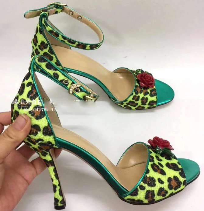 

Fashion Rose Flower Decorations High Heel Sandal Summer Peep Toe Ankle Strap Party Dress Shoes Woman Leopard Wedding Heels