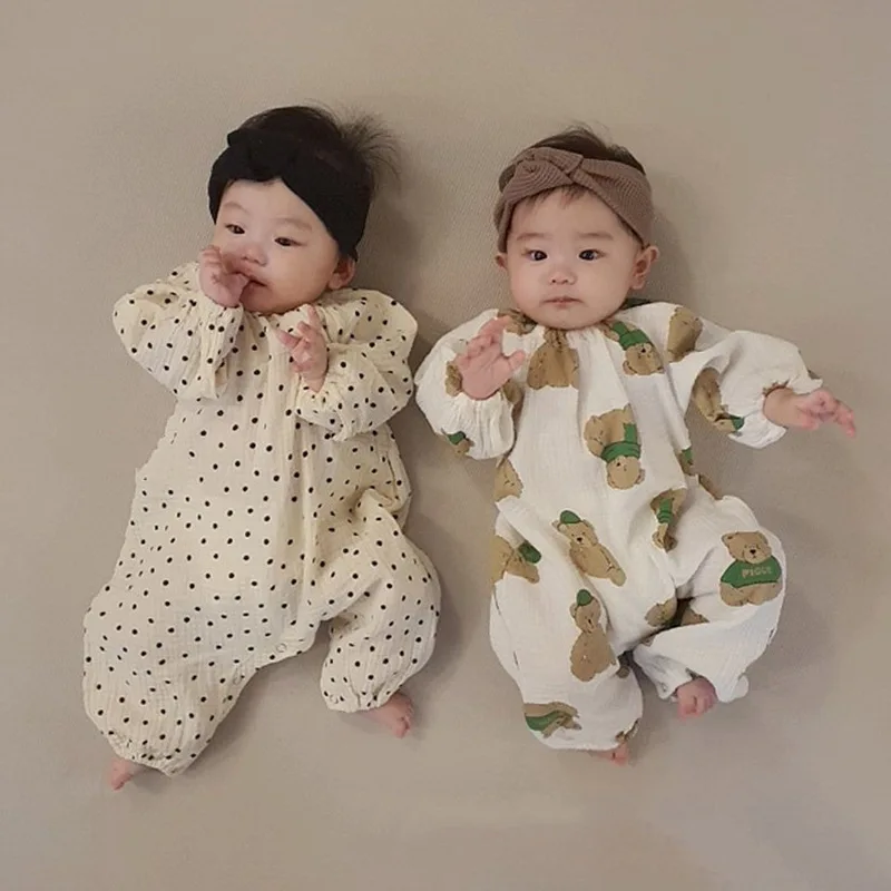 

2021 Autumn New Loose Casual Romper Fashion Dot Print Jumpsuit For Girl Baby Boy Bear Print Clothes Cute Newborn Onesie 0-24M