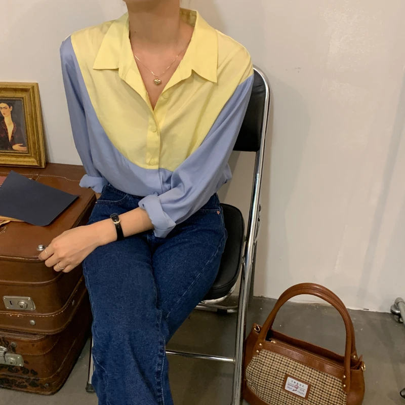 

2021 Fashion Spring Elegant Vintage Sweet Tops Patchwork High Quality Loose Fresh Streetwear Casual Female Shirts