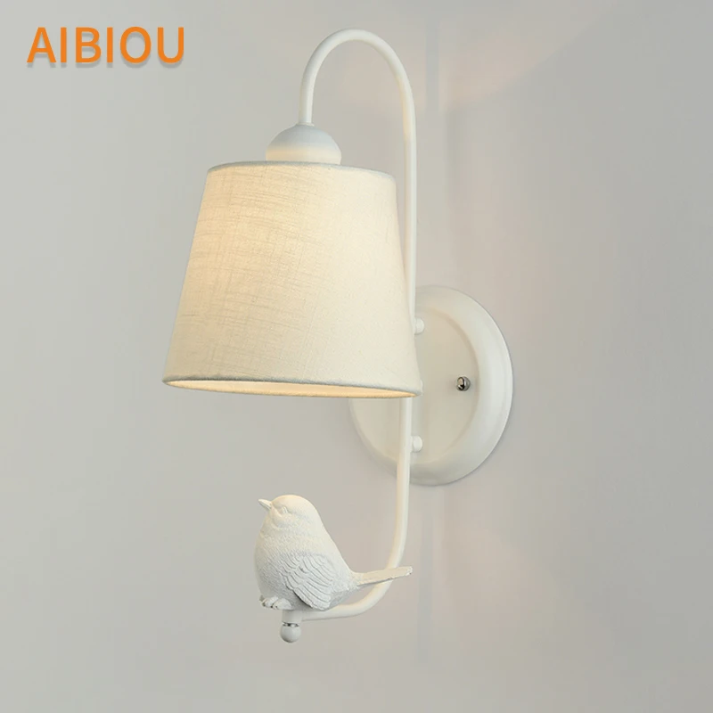 AIBIOU Белый светодиодный настенный светильник с птицами тканевый абажур настенные светильники современная ткань прикроватное Освещение E27 лампы для спальни