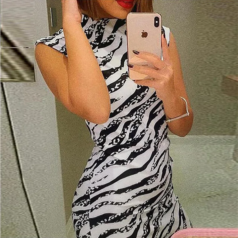 

Women's Summer Dress Ladies Sexy Stripe Print Sleeveless Mini Dress Fashion Bodycon Dresses Elegant Women sexy dresses 2019 NEW