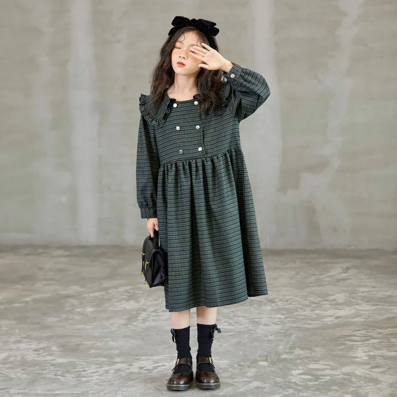 

Retro Girl Dress Elegant Kids Dresses for Girls Autumn Long Sleeve Plaid Princess Dress Children Clothing 6 8 10 12 14 16 Years