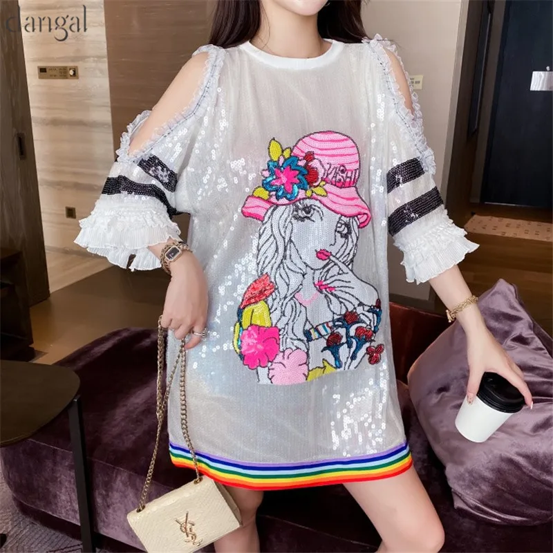 Новинка футболка с блестками Длинное свободное платье зеленая