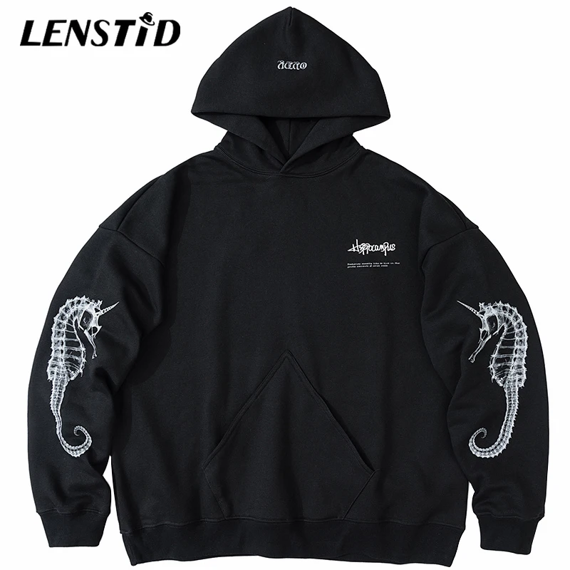 

Осенний мужской пуловер LENSTID в стиле хип-хоп, толстовки в стиле оверсайз с принтом морской лошади, уличная одежда 2021, повседневные хлопковые ...