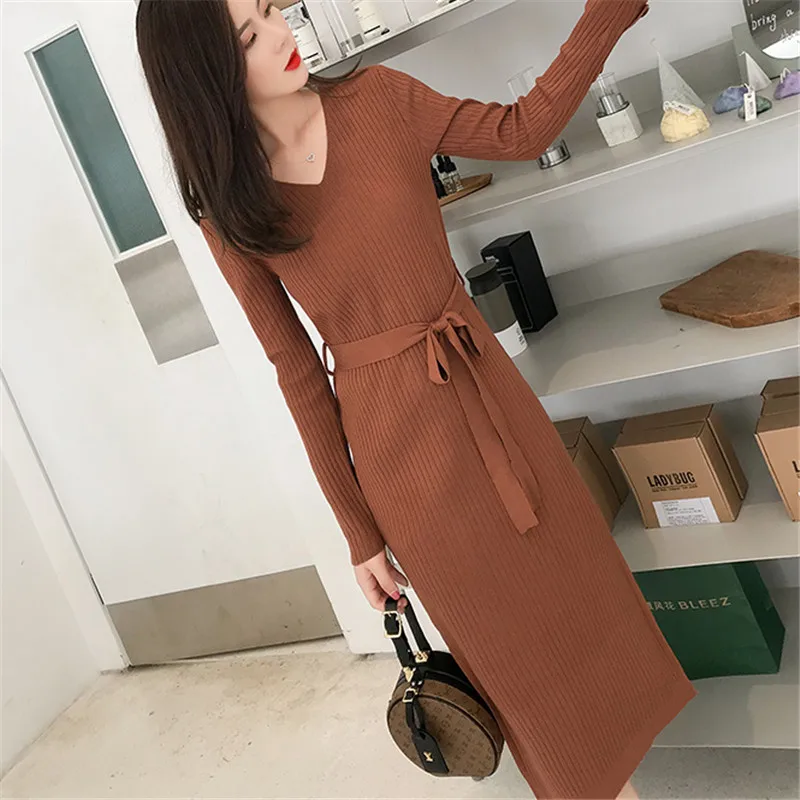 Модное корейское платье-свитер женские свитера с v-образным вырезом платья