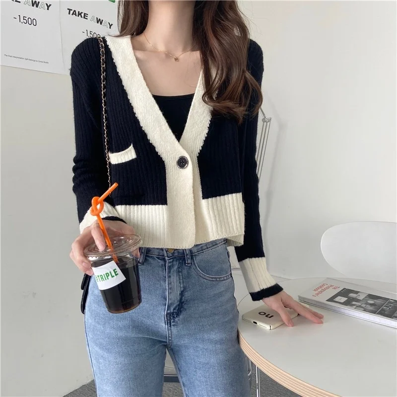V-Collar Contrast Color Cardigan Sweater Gentle Knitwear Long Sleeve High Waist Top Autumn Women's Clothing 2021 Rac |