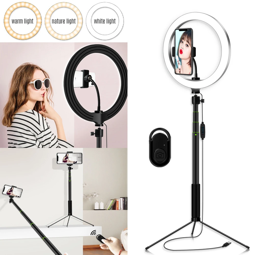 

26cm/10.2" 3200K-5600K Dimmable LED Ring Video Light with 120cm Selfie Stick Tabletop Tripod Cell Phone Holder Remote Control