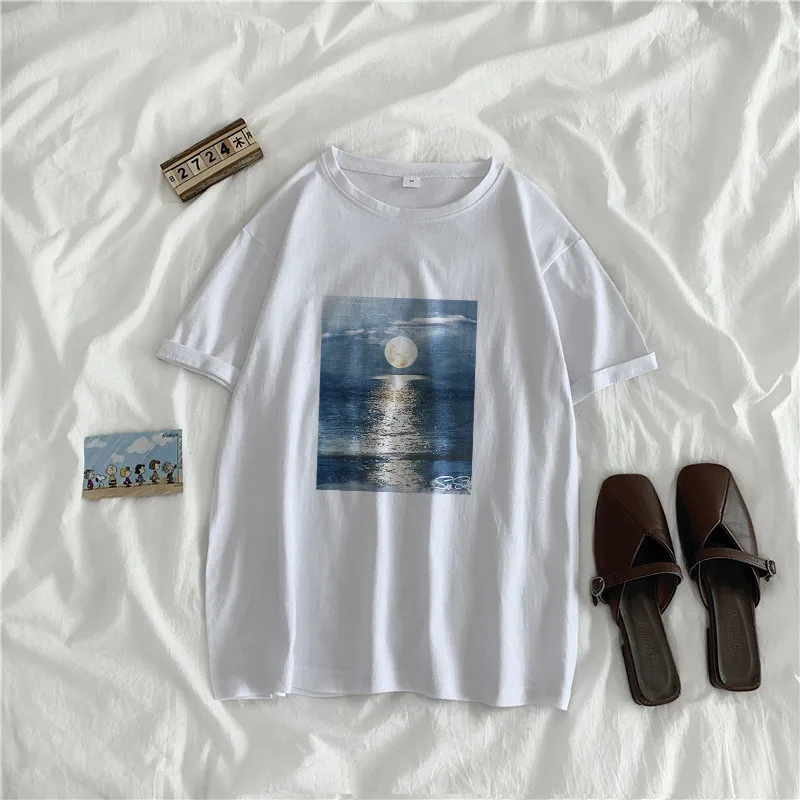 

E-BAIHUI 100% Cotton T Shirt Women Short Sleeve Summer T-shirt Tees Tops Natural Scenery Moon Print Ropa De Mujer