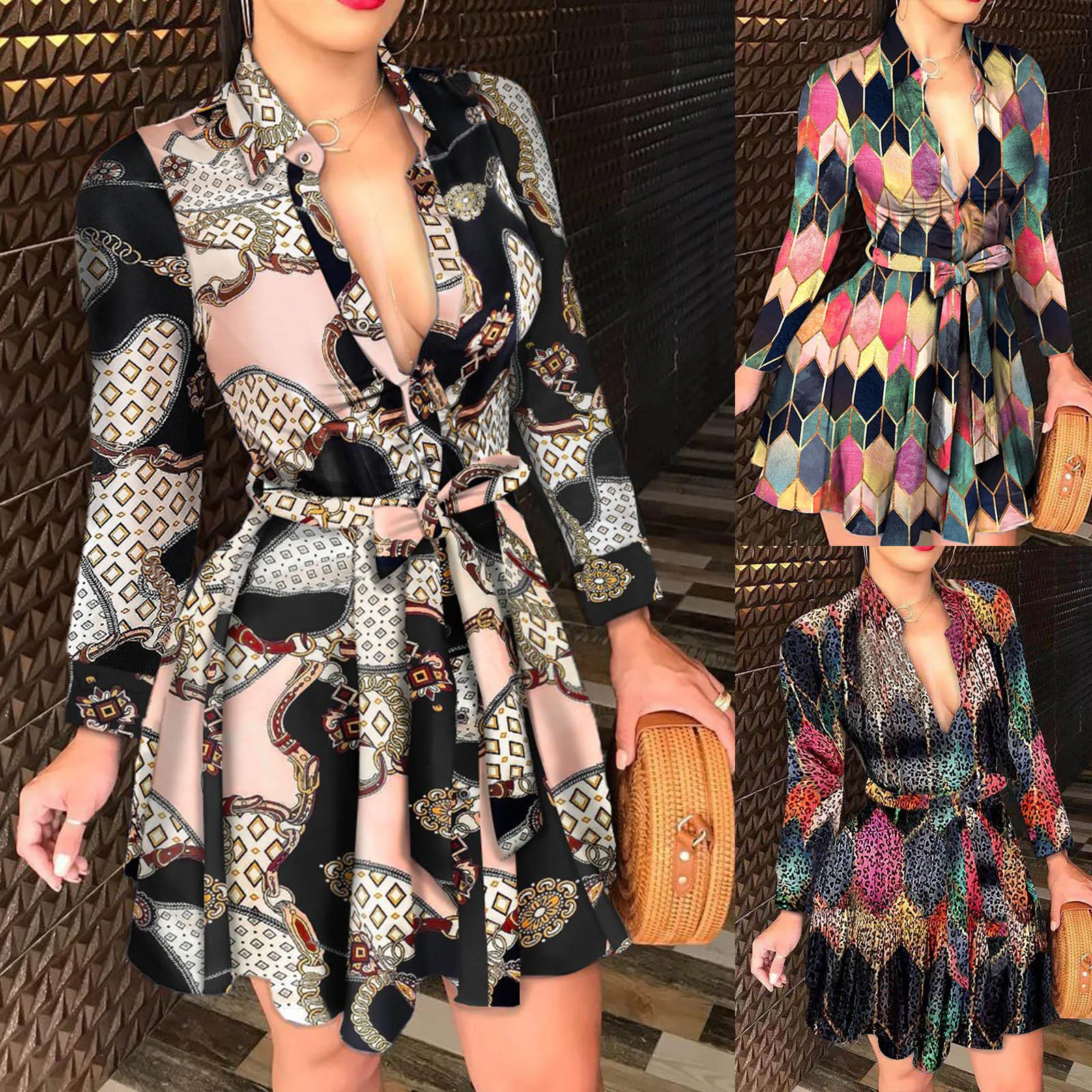 

2021 Новое Женское Платье на пуговицах с длинным рукавом, платья на шнуровке, женское осеннее элегантное мини-платье трапециевидной формы с о...