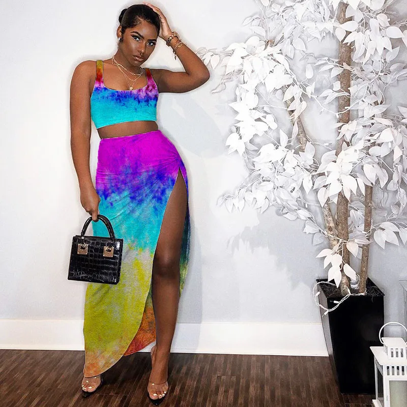 Летний комплект из двух предметов женский укороченный топ на бретелях длинная