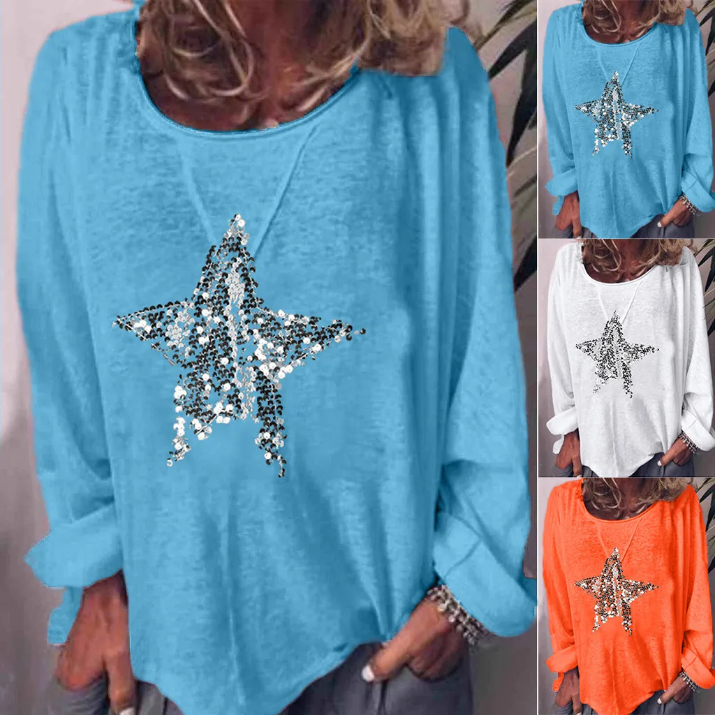 Женская футболка с длинными рукавами круглым вырезом и блестками | одежда