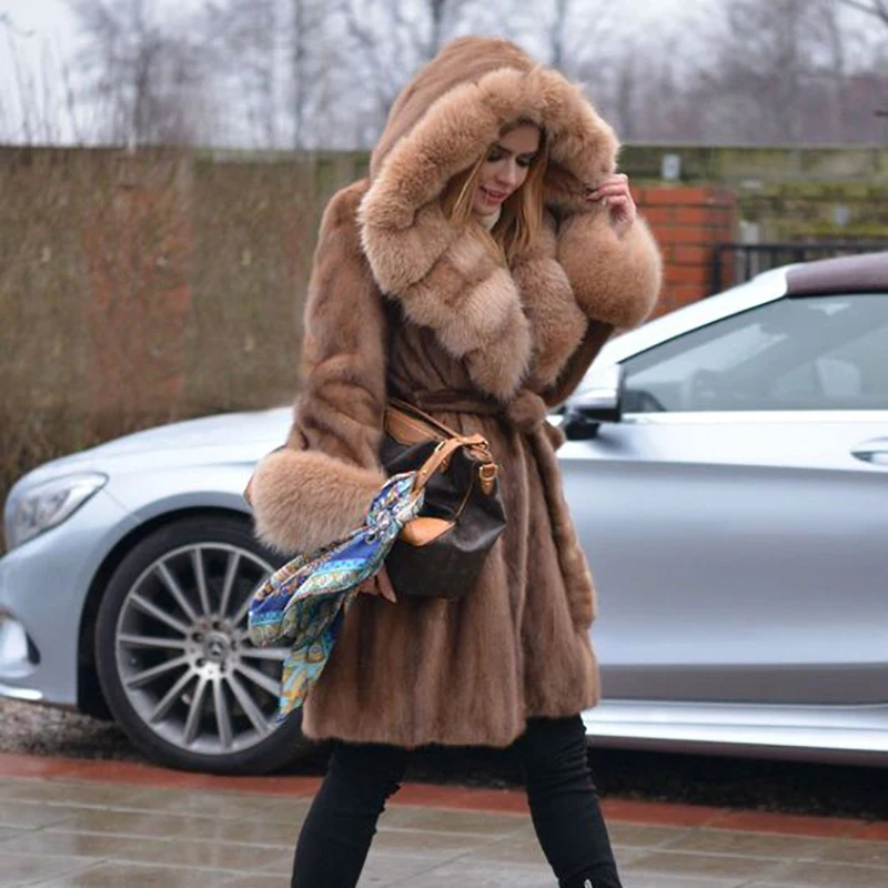 Luxury Women Import Mink Fur Coats With Hood Thick Warm Natural Mink Fur Coats 90cm Long Overcoats With Fox Fur Collar Female