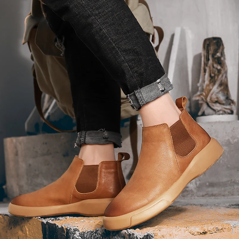 

2021 New Hot Soft Split Leather Men Brown Ankle Boots Female Autumn Winter Shoes Woman Punk Motorcycle Boots Spring Winter 38-47