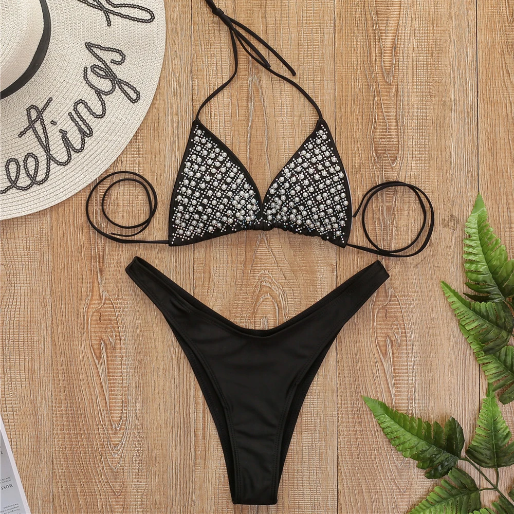 

Sexy Faux Pearl Bikini Set Luxury Full Rhinestone Two Pieces Bra Set Women 2020 Sexy Elastic Bandage Diamond Underwear Bras Set