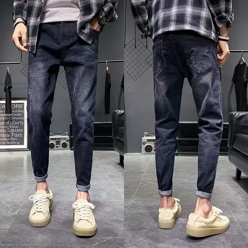 

Spring and Autumn 2021 New Hong Kong Style Fashion Men's denim Jeans Slim Brand Casual Style Small Feet Korean pencil Pants