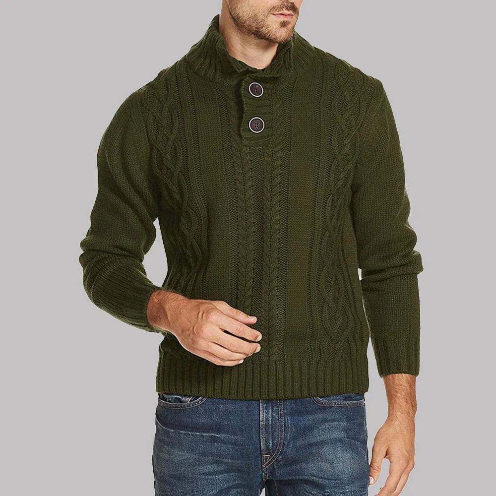 

2021 Autumn Winter New Sweater Men Fashion Solid Color Buttons Long Sleeve Turtleneck Western Style Casual Simplicity